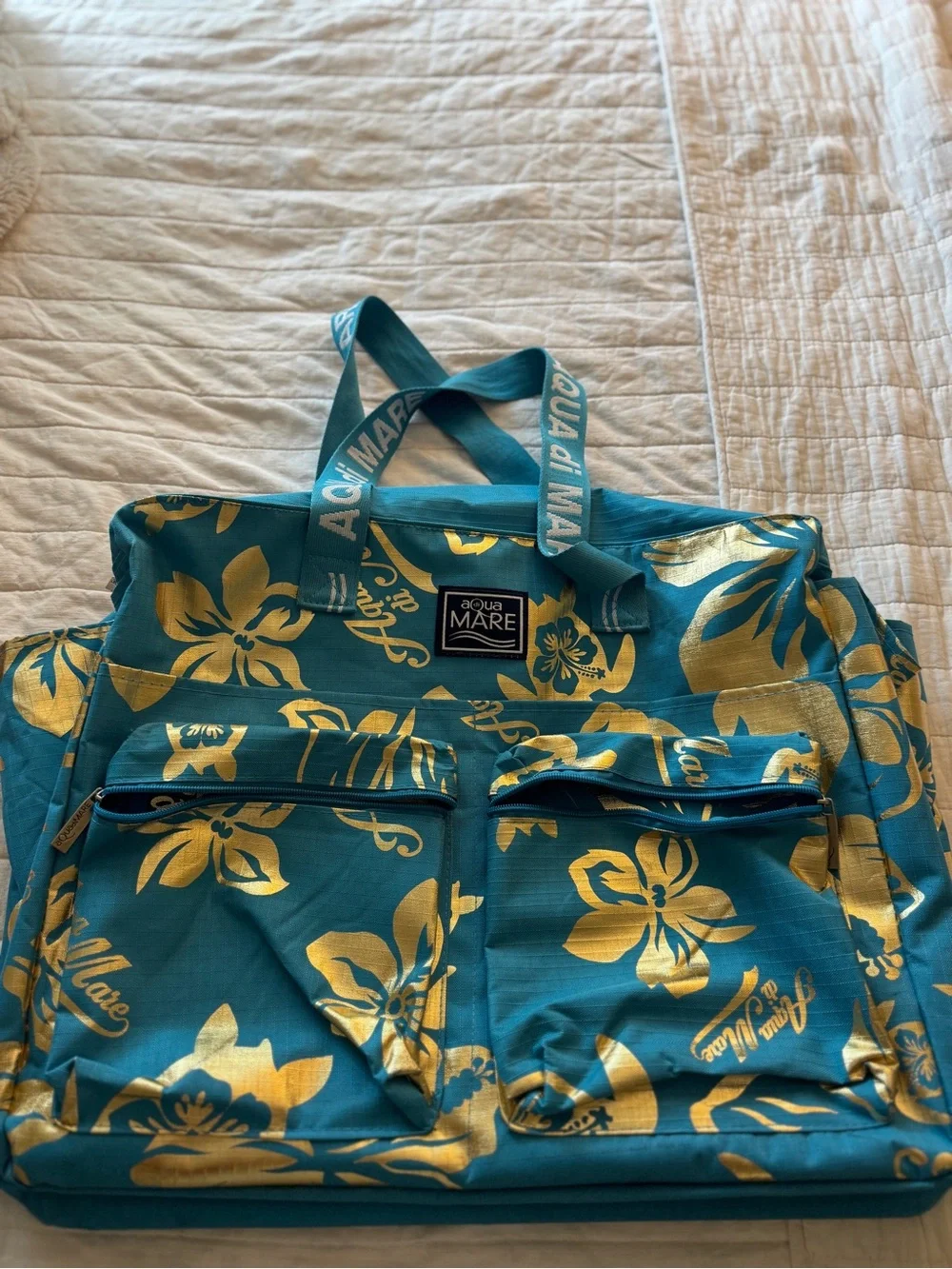 Teal Tote Bag with Gold Floral Accents and Matching Pouch